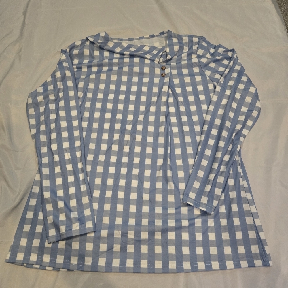 Women's Long Sleeve V Neck Plaid Print Asymmetric 2XL Blouse